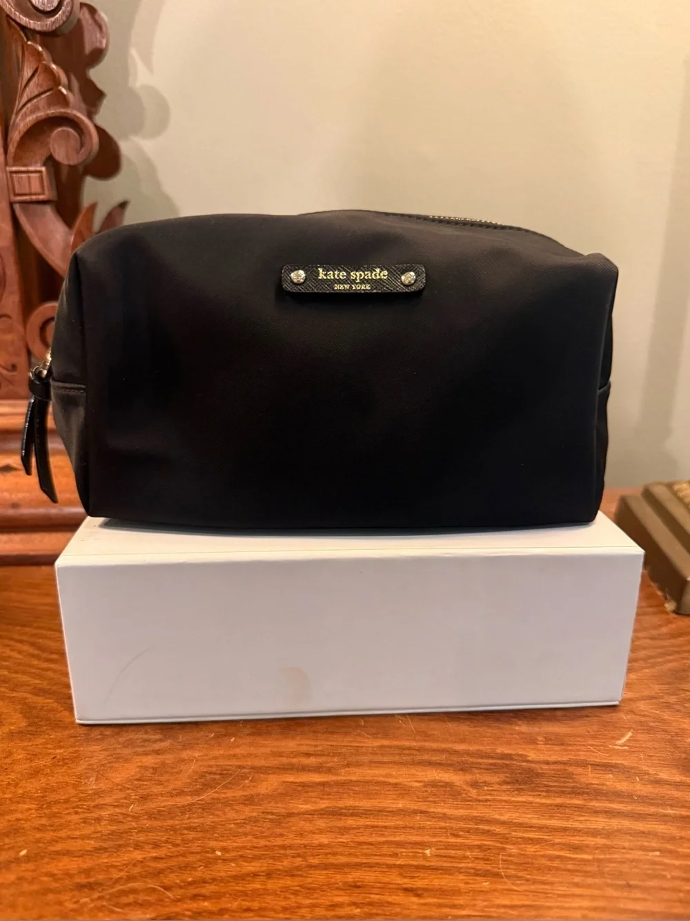 kate spade Black Nylon Cosmetic Pouch with Gold Logo Plaque